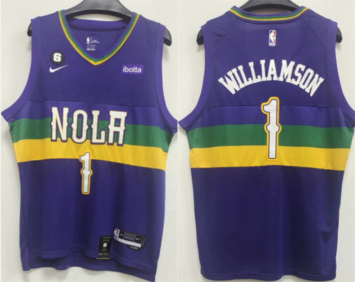 Men's New Orleans Pelicans #1 Zion Williamson Purple With NO.6 Patch Stitched Basketball Jersey Men's New Orleans Pelicans #1 Zion Williamson Purple With NO.6 Patch Stitched Basketball Jersey