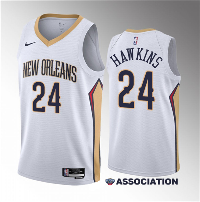 Men's New Orleans Pelicans #24 Jordan Hawkins White 2023 Draft Association Edition Stitched Basketball Jersey Men's New Orleans Pelicans #24 Jordan Hawkins White 2023 Draft Association Edition Stitched Basketball Jersey