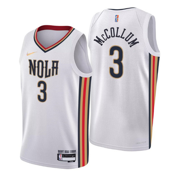 Men's New Orleans Pelicans #3 C.J. McCollum 2021 22 White City Edition 75th Anniversary Stitched Jersey Men's New Orleans Pelicans #3 C.J. McCollum 2021 22 White City Edition 75th Anniversary Stitched Jersey