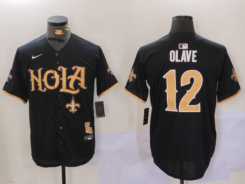 Men's New Orleans Saints #12 Chris Olave Black Cool Base Stitched Baseball Jersey 1 Men's New Orleans Saints #12 Chris Olave Black Cool Base Stitched Baseball Jersey 1