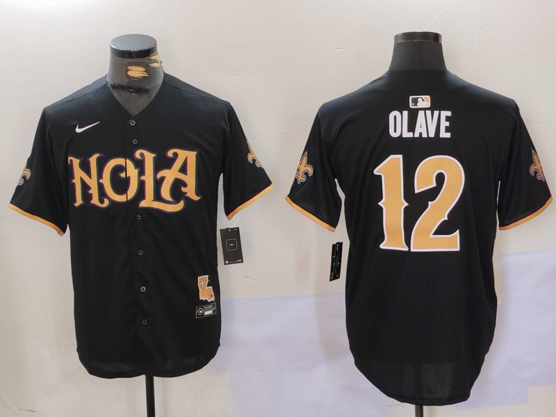 Men's New Orleans Saints #12 Chris Olave Black Cool Base Stitched Baseball Jersey Men's New Orleans Saints #12 Chris Olave Black Cool Base Stitched Baseball Jersey