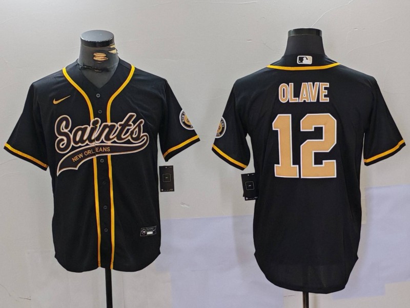Men's New Orleans Saints #12 Chris Olave Black Cool Base Stitched Baseball Jersey1 Men's New Orleans Saints #12 Chris Olave Black Cool Base Stitched Baseball Jersey1