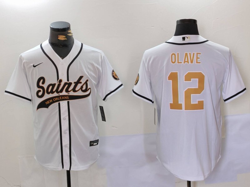 Men's New Orleans Saints #12 Chris Olave White Cool Base Stitched Baseball Jersey Men's New Orleans Saints #12 Chris Olave White Cool Base Stitched Baseball Jersey
