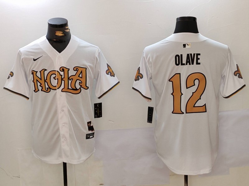 Men's New Orleans Saints #12 Chris Olave White Cool Base Stitched Baseball Jersey1 Men's New Orleans Saints #12 Chris Olave White Cool Base Stitched Baseball Jersey1