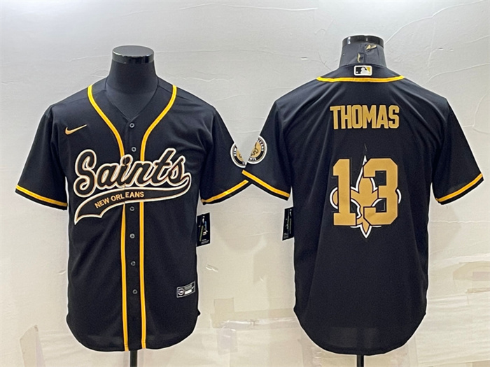 Men's New Orleans Saints #13 Michael Thomas Black Team Big Logo With Patch Cool Base Stitched Baseball Jersey Men's New Orleans Saints #13 Michael Thomas Black Team Big Logo With Patch Cool Base Stitched Baseball Jersey