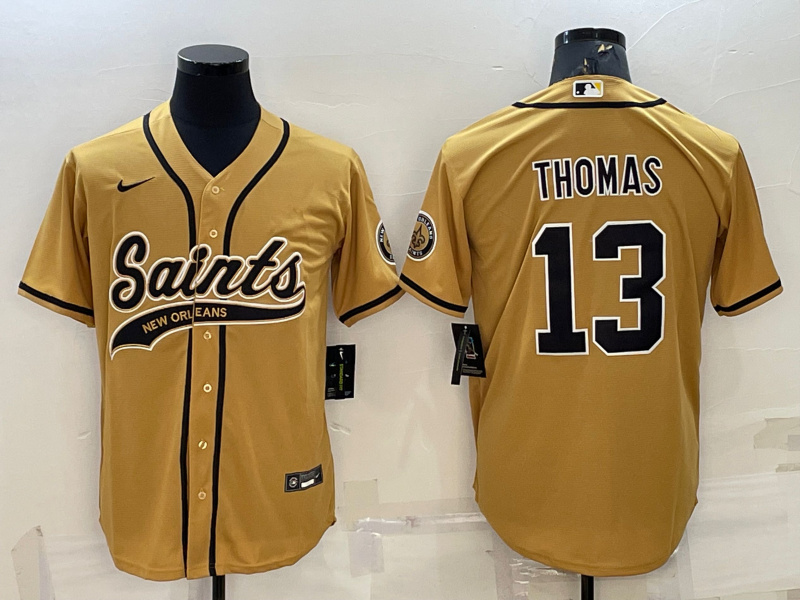 Men's New Orleans Saints #13 Michael Thomas Gold With Patch Cool Base Stitched Baseball Jersey Men's New Orleans Saints #13 Michael Thomas Gold With Patch Cool Base Stitched Baseball Jersey