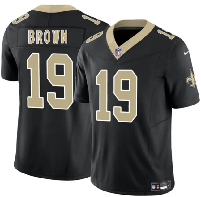 Men's New Orleans Saints #19 Barion Brown Black 2026 Draft F.U.S.E Vapor Limited Stitched Football Jersey Men's New Orleans Saints #19 Barion Brown Black 2026 Draft F.U.S.E Vapor Limited Stitched Football Jersey