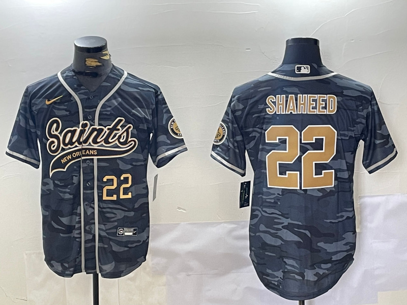 Men's New Orleans Saints #22 Rashid Shaheed Grey Camo With Patch Cool Base Stitched Baseball Jersey 1