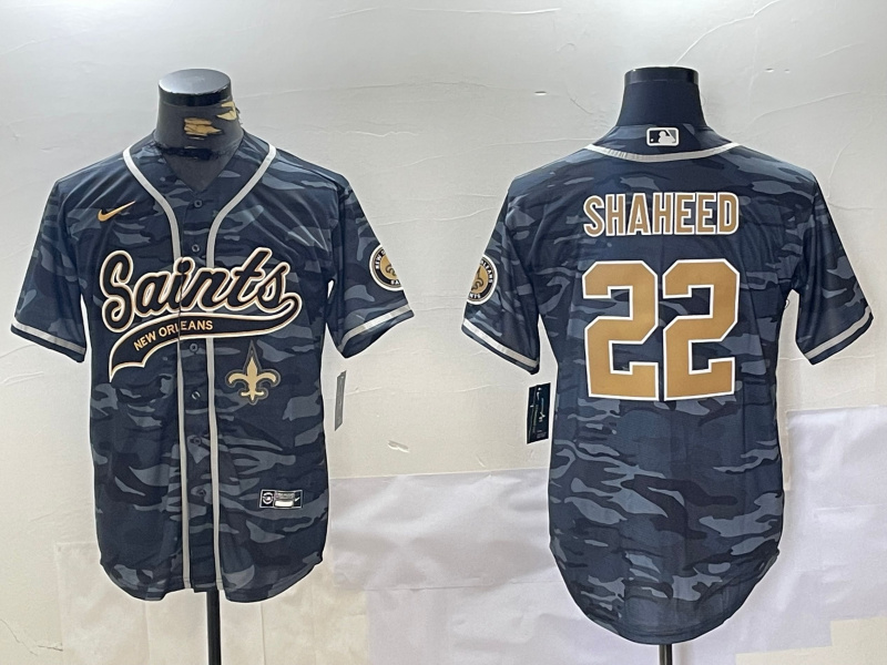 Men's New Orleans Saints #22 Rashid Shaheed Grey Camo With Patch Cool Base Stitched Baseball Jersey 2