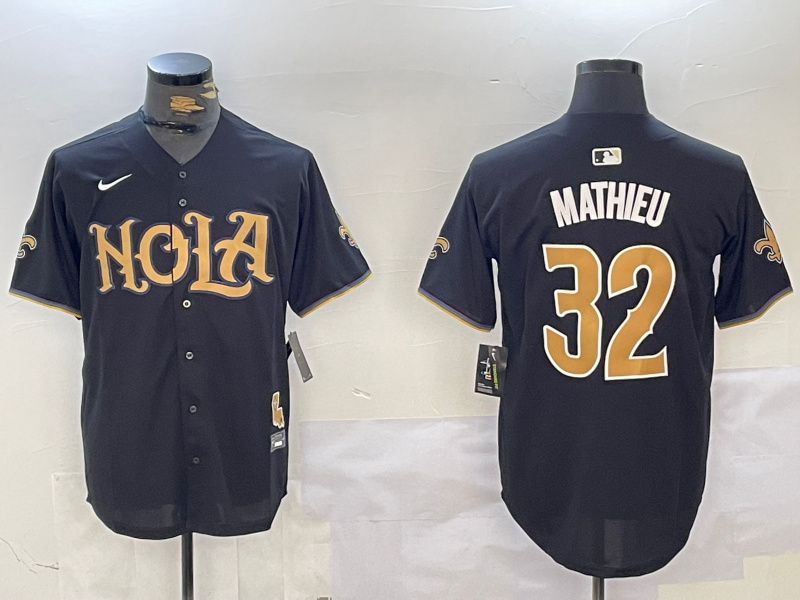 Men's New Orleans Saints #32 Tyrann Mathieu Black Cool Base Stitched Baseball Jersey