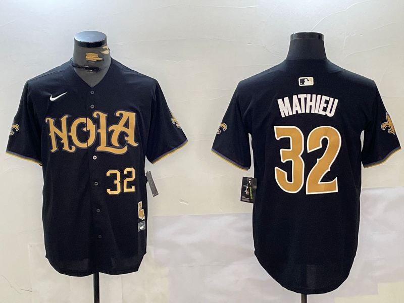 Men's New Orleans Saints #32 Tyrann Mathieu Black Cool Base Stitched Baseball Jersey 3