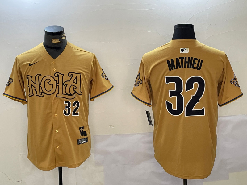 Men's New Orleans Saints #32 Tyrann Mathieu yellow Cool Base Stitched Baseball Jersey 2 Men's New Orleans Saints #32 Tyrann Mathieu yellow Cool Base Stitched Baseball Jersey 2