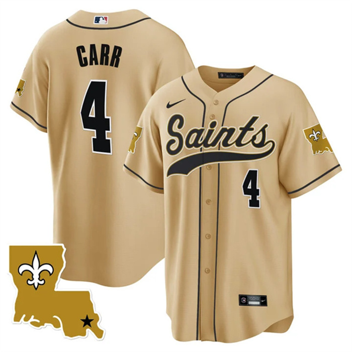 Men's New Orleans Saints #4 Derek Carr Gold 1987 Legacy Cool Base Stitched Baseball Jersey Men's New Orleans Saints #4 Derek Carr Gold 1987 Legacy Cool Base Stitched Baseball Jersey