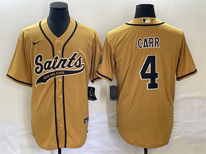 Men's New Orleans Saints #4 Derek Carr Gold With Patch Cool Base Stitched Baseball Jersey Men's New Orleans Saints #4 Derek Carr Gold With Patch Cool Base Stitched Baseball Jersey