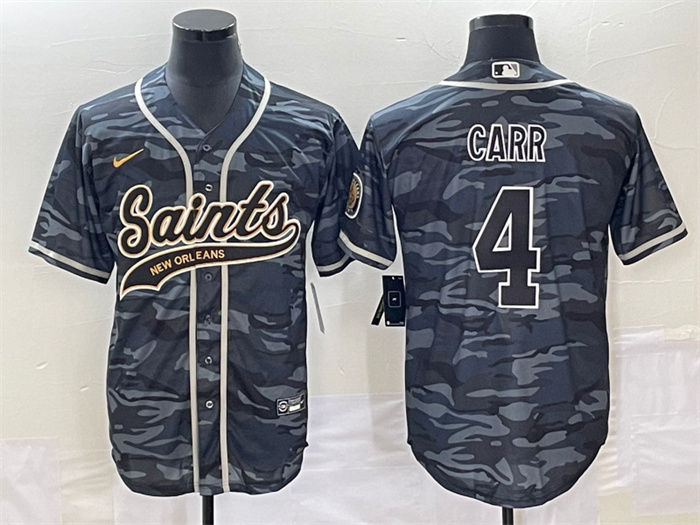 Men's New Orleans Saints #4 Derek Carr Grey Camo With Patch Cool Base Stitched Baseball Jersey Men's New Orleans Saints #4 Derek Carr Grey Camo With Patch Cool Base Stitched Baseball Jersey
