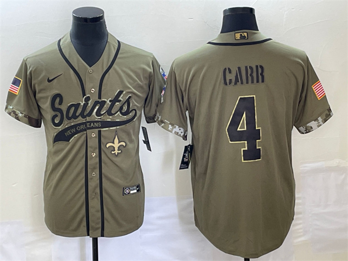 Men's New Orleans Saints #4 Derek Carr Olive Salute To Service With Patch Cool Base Stitched Baseball Jersey Men's New Orleans Saints #4 Derek Carr Olive Salute To Service With Patch Cool Base Stitched Baseball Jersey