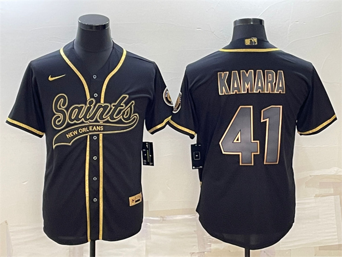 Men's New Orleans Saints #41 Alvin Kamara Black Gold With Patch Cool Base Stitched Baseball Jersey Men's New Orleans Saints #41 Alvin Kamara Black Gold With Patch Cool Base Stitched Baseball Jersey