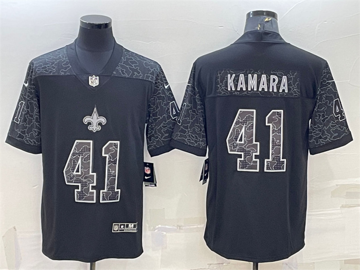 Men's New Orleans Saints #41 Alvin Kamara Black Reflective Limited Stitched Football Jersey Men's New Orleans Saints #41 Alvin Kamara Black Reflective Limited Stitched Football Jersey
