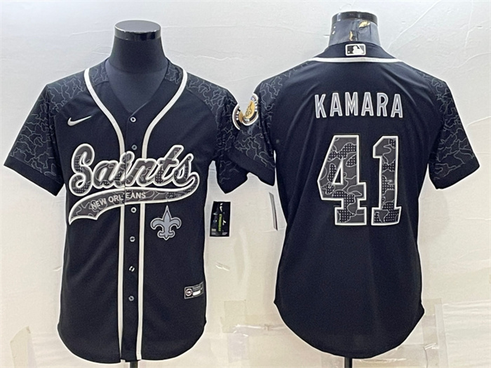 Men's New Orleans Saints #41 Alvin Kamara Black Reflective With Patch Cool Base Stitched Baseball Jersey Men's New Orleans Saints #41 Alvin Kamara Black Reflective With Patch Cool Base Stitched Baseball Jersey