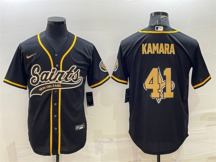 Men's New Orleans Saints #41 Alvin Kamara Black Team Big Logo With Patch Cool Base Stitched Baseball Jersey Men's New Orleans Saints #41 Alvin Kamara Black Team Big Logo With Patch Cool Base Stitched Baseball Jersey