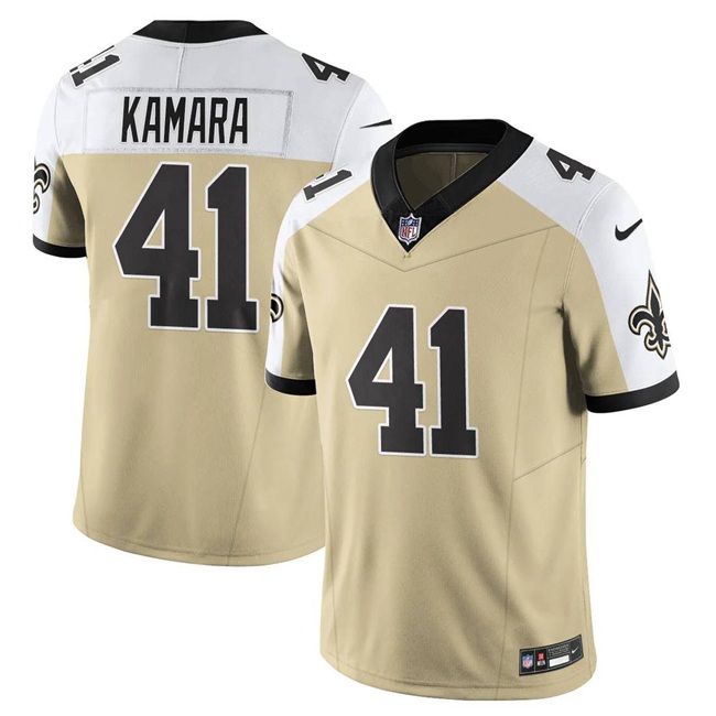 Men's New Orleans Saints #41 Alvin Kamara Gold White Alternate 2025 F.U.S.E. Vapor Limited Stitched Football Jersey