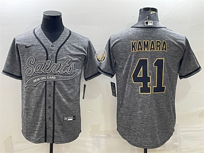 Men's New Orleans Saints #41 Alvin Kamara Grey With Patch Cool Base Stitched Baseball Jersey Men's New Orleans Saints #41 Alvin Kamara Grey With Patch Cool Base Stitched Baseball Jersey