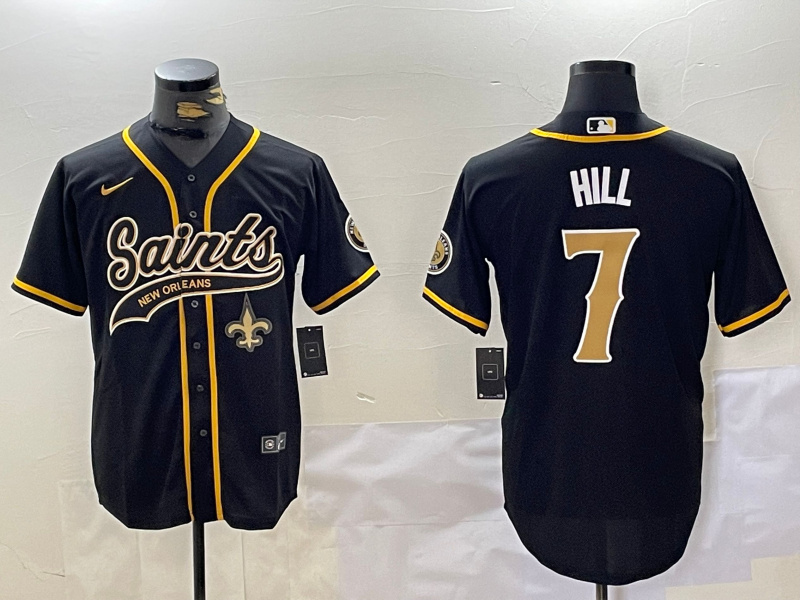 Men's New Orleans Saints #7 Taysom Hill Black With Patch Cool Base Stitched Baseball Jersey 2