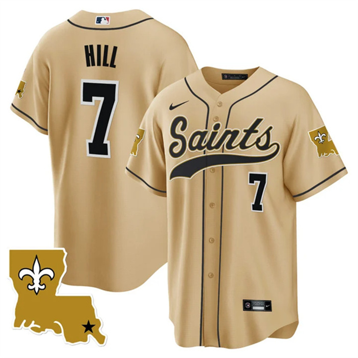 Men's New Orleans Saints #7 Taysom Hill Gold 1987 Legacy Cool Base Stitched Baseball Jersey Men's New Orleans Saints #7 Taysom Hill Gold 1987 Legacy Cool Base Stitched Baseball Jersey
