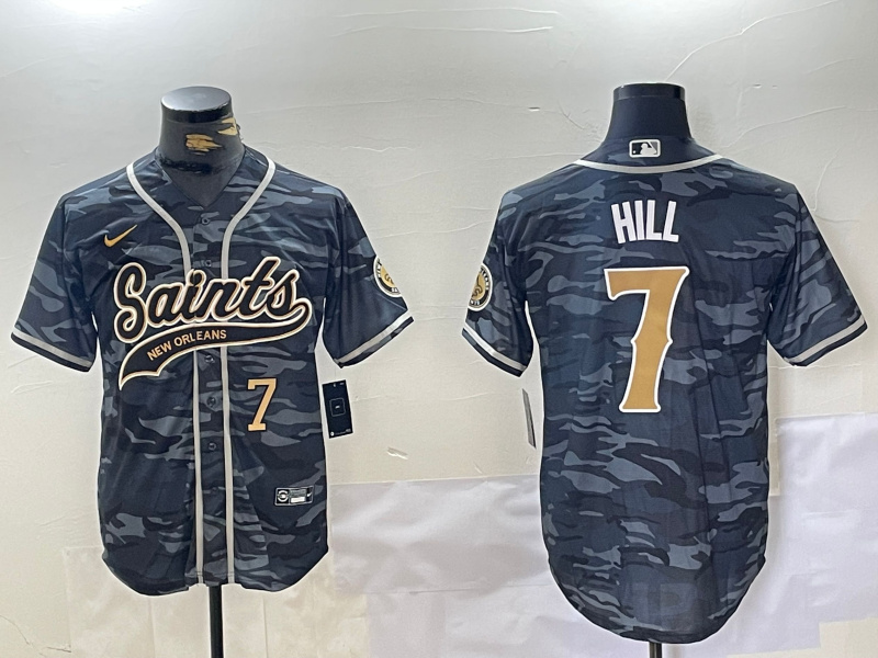 Men's New Orleans Saints #7 Taysom Hill Grey Camo With Patch Cool Base Stitched Baseball Jersey 1