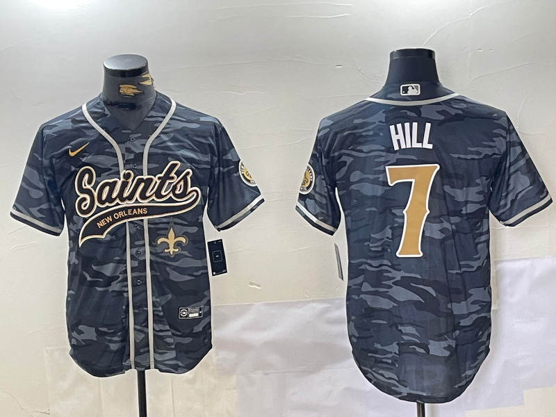 Men's New Orleans Saints #7 Taysom Hill Grey Camo With Patch Cool Base Stitched Baseball Jersey 2