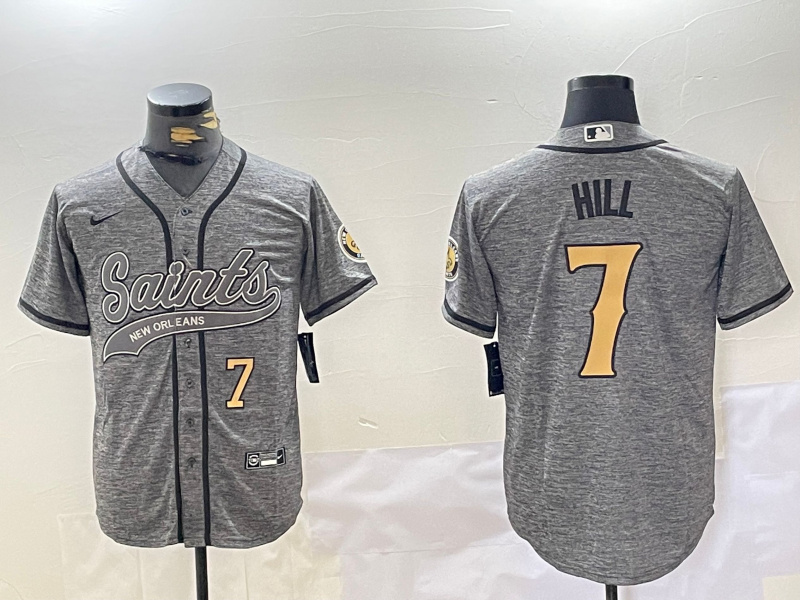 Men's New Orleans Saints #7 Taysom Hill Grey With Patch Cool Base Stitched Baseball Jersey 1