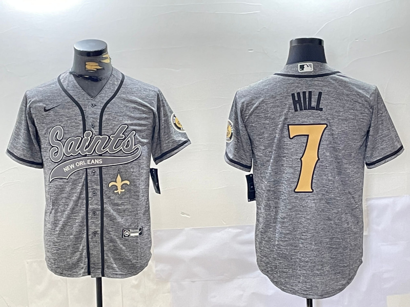 Men's New Orleans Saints #7 Taysom Hill Grey With Patch Cool Base Stitched Baseball Jersey 2