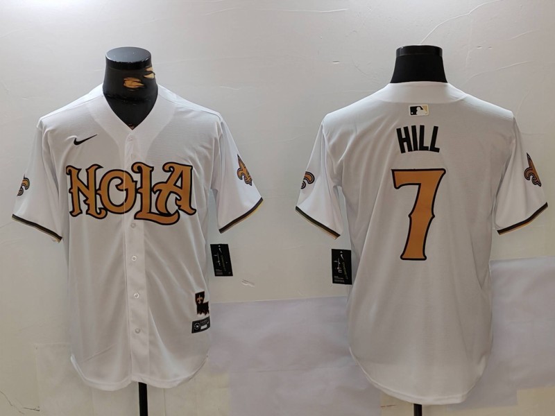 Men's New Orleans Saints #7 Taysom Hill White Cool Base Stitched Baseball Jersey Men's New Orleans Saints #7 Taysom Hill White Cool Base Stitched Baseball Jersey