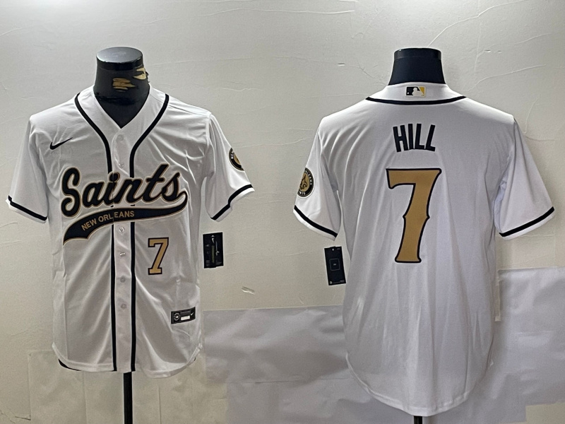 Men's New Orleans Saints #7 Taysom Hill White With Patch Cool Base Stitched Baseball Jersey 1
