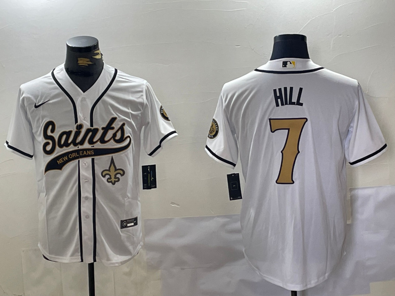 Men's New Orleans Saints #7 Taysom Hill White With Patch Cool Base Stitched Baseball Jersey 2