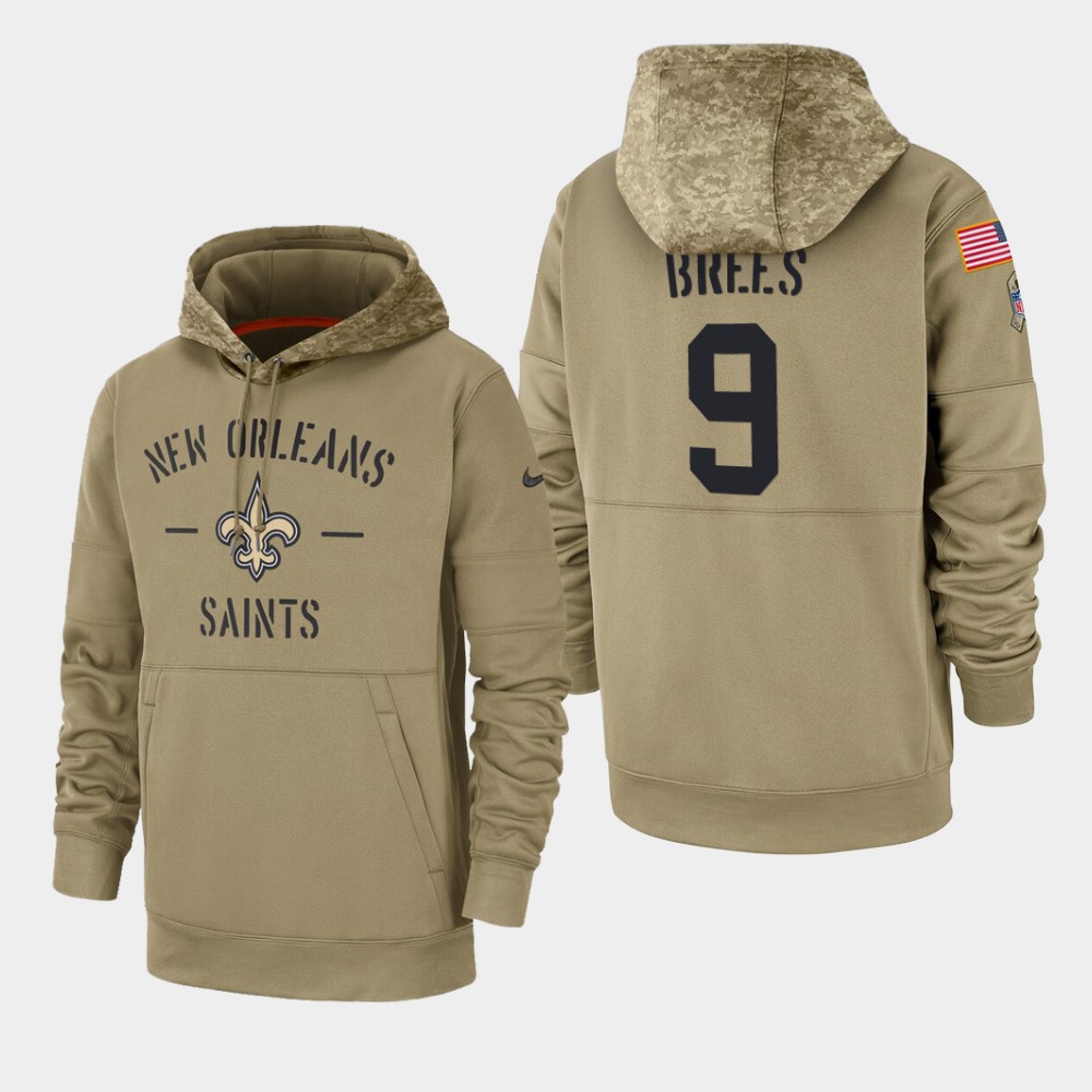 Men's New Orleans Saints #9 Drew Brees 2019 Salute to Service Sideline Therma Hoodie - Tan
