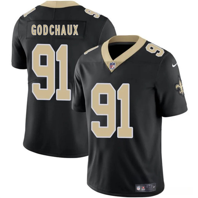 Men's New Orleans Saints #91 Davon Godchaux Black 2025 Vapor Limited Stitched Football Jersey Men's New Orleans Saints #91 Davon Godchaux Black 2025 Vapor Limited Stitched Football Jersey