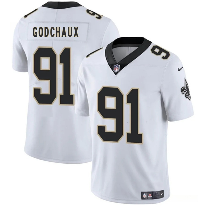 Men's New Orleans Saints #91 Davon Godchaux White 2025 Vapor Limited Stitched Football Jersey Men's New Orleans Saints #91 Davon Godchaux White 2025 Vapor Limited Stitched Football Jersey