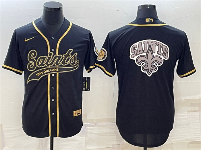 Men's New Orleans Saints Black Gold Team Big Logo With Patch Cool Base Stitched Baseball Jersey Men's New Orleans Saints Black Gold Team Big Logo With Patch Cool Base Stitched Baseball Jersey