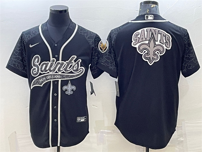 Men's New Orleans Saints Black Reflective Team Big Logo With Patch Cool Base Stitched Baseball Jersey Men's New Orleans Saints Black Reflective Team Big Logo With Patch Cool Base Stitched Baseball Jersey
