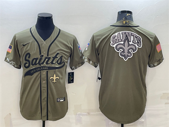 Men's New Orleans Saints Olive 2022 Salute To Service Team Big Logo Cool Base Stitched Baseball Jersey Men's New Orleans Saints Olive 2022 Salute To Service Team Big Logo Cool Base Stitched Baseball Jersey