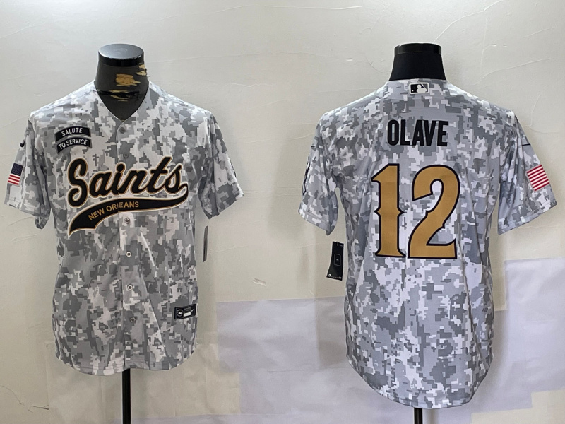 Men's New Orleans Saints Team #12 Chris Olave 2024 Arctic Camo Salute To Service Stitched Baseball Jersey