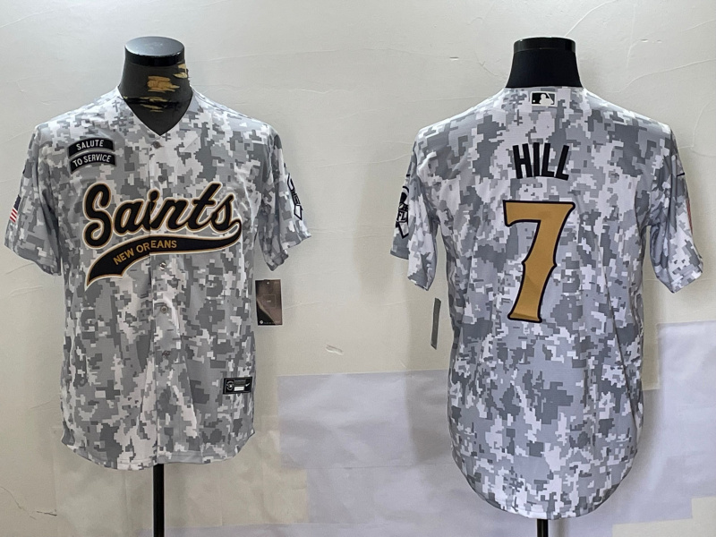 Men's New Orleans Saints Team #7 Taysom Hill 2024 Arctic Camo Salute To Service Stitched Baseball Jersey