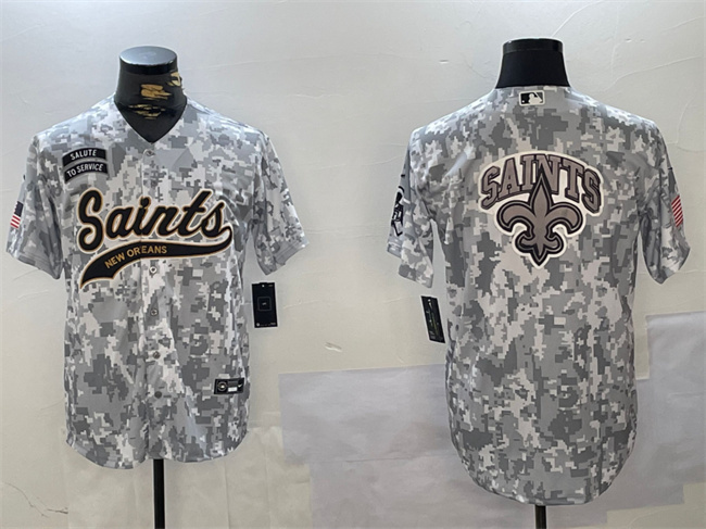 Men's New Orleans Saints Team Big Logo 2024 Arctic Camo Salute To Service Stitched Baseball Jersey