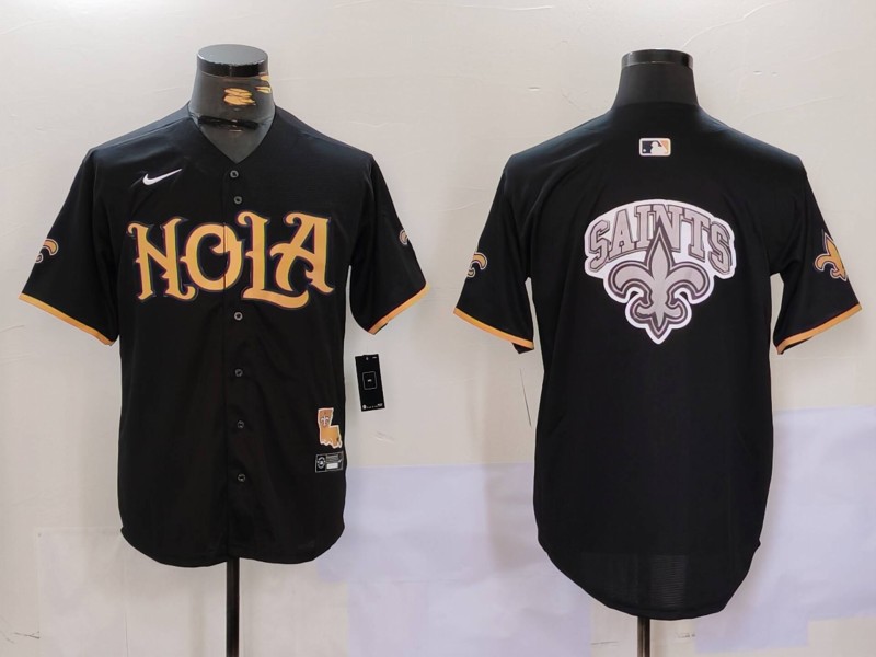 Men's New Orleans Saints Team Big Logo Black Cool Base Stitched Baseball Jersey Men's New Orleans Saints Team Big Logo Black Cool Base Stitched Baseball Jersey