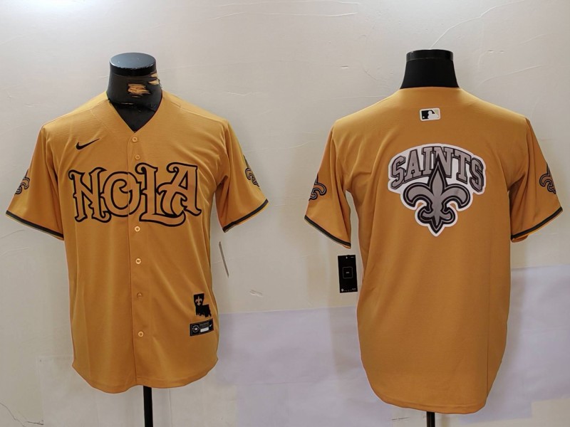 Men's New Orleans Saints Team Big Logo Gold Cool Base Stitched Baseball Jersey Men's New Orleans Saints Team Big Logo Gold Cool Base Stitched Baseball Jersey