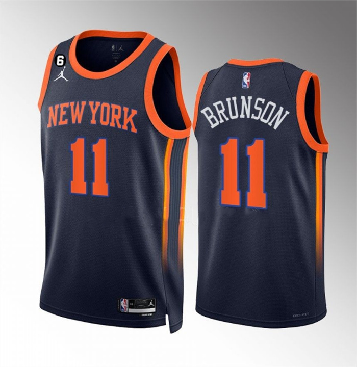 Men's New Yok Knicks #11 Jalen Brunson Navy Statement Edition With NO.6 Patch Stitched Basketball Jersey Men's New Yok Knicks #11 Jalen Brunson Navy Statement Edition With NO.6 Patch Stitched Basketball Jersey