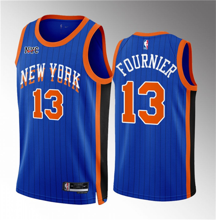 Men's New Yok Knicks #13 Evan Fournier Blue 2023 24 City Edition Stitched Basketball Jersey Men's New Yok Knicks #13 Evan Fournier Blue 2023 24 City Edition Stitched Basketball Jersey