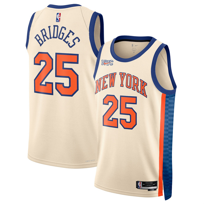 Men's New Yok Knicks #25 Mikal Bridges Cream 2025 26 City Edition Stitched Basketball Jersey Men's New Yok Knicks #25 Mikal Bridges Cream 2025 26 City Edition Stitched Basketball Jersey