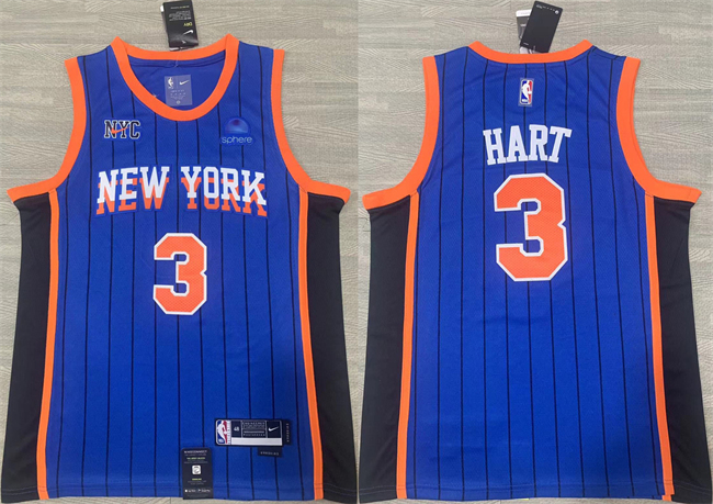 Men's New Yok Knicks #3 Josh Hart Blue 2023 24 City Edition Stitched Basketball Jersey Men's New Yok Knicks #3 Josh Hart Blue 2023 24 City Edition Stitched Basketball Jersey